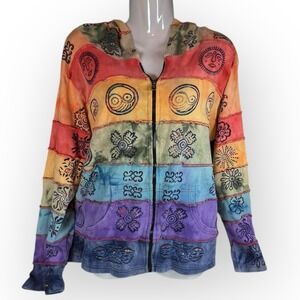Rainbow Rising Int  Boho Multicolor Hippie Zip Up Hoodie Jacket L Y2K Dopamine